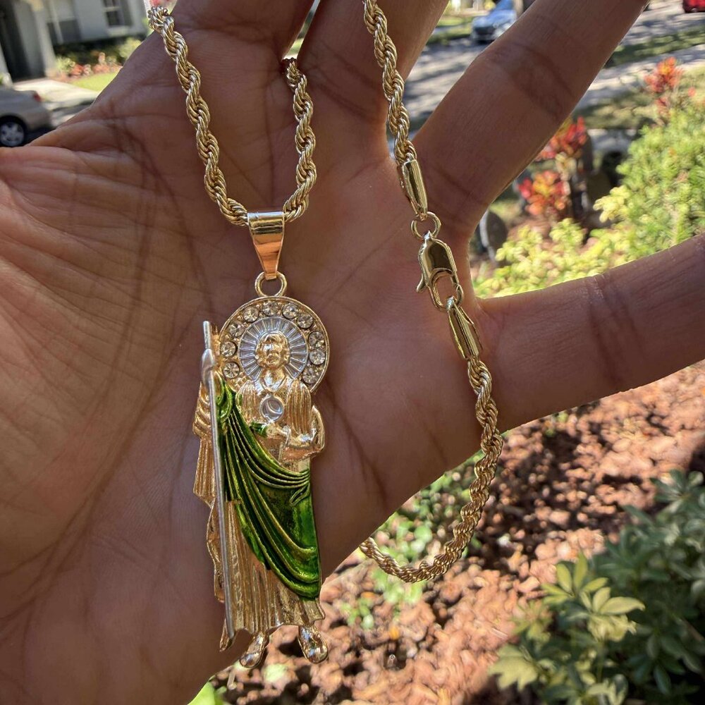 San Judas Tadeo 3" Big Pendant Necklace 14K GP Religious CZ Rope Torch Chain
